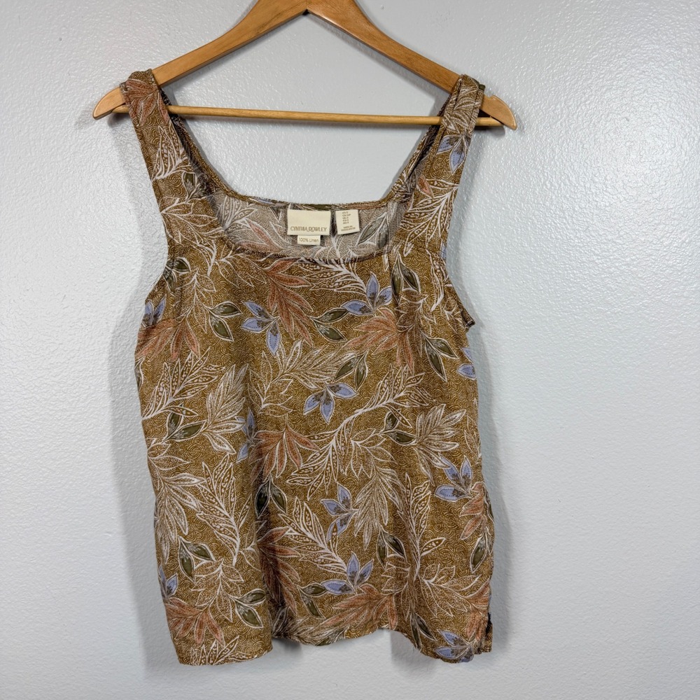 Cynthia Rowley Tank Top Women S Brown Floral Linen Sleeveless Square Neck Casual